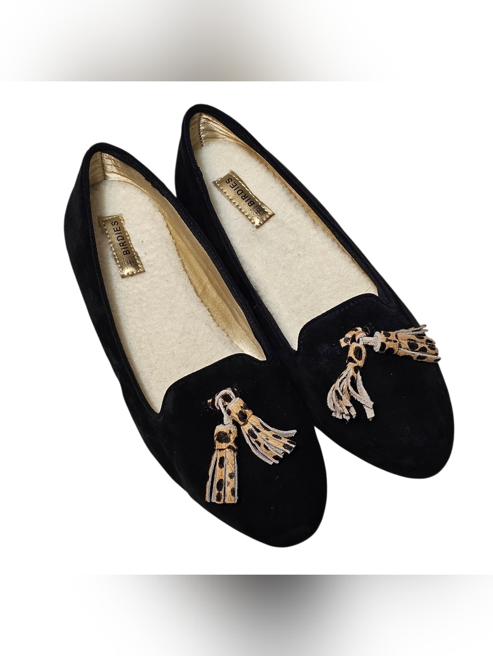 Birdies Blackbird Black Suede Leather / Shearling/ Cheetah  Tassel Loafers Sz 7